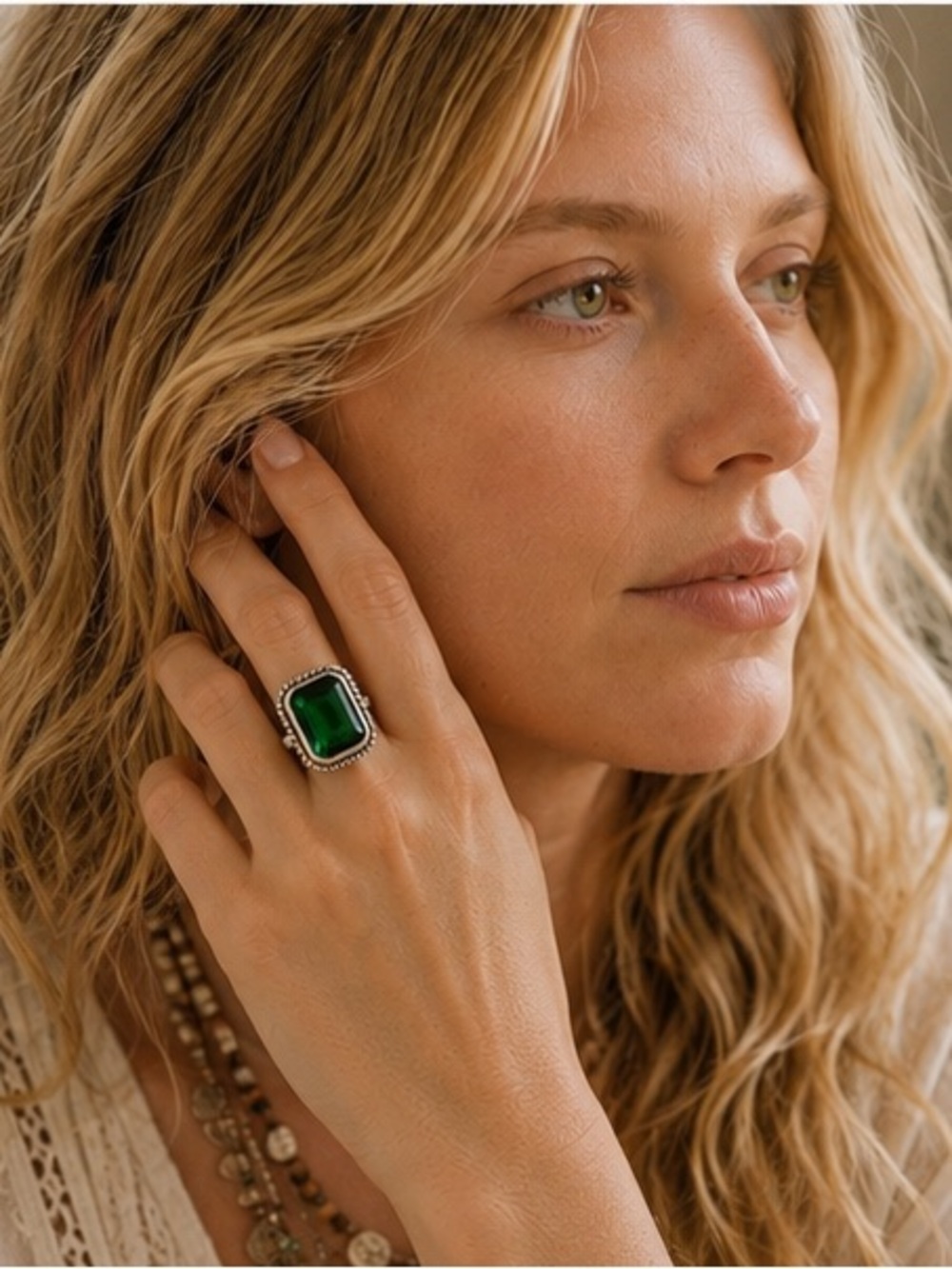 Emerald Green Rectangular Statement Ring Size 8